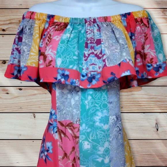 UMGEE | PATCHWORK PAISLEY COLORFUL BOHO BEACHY  OFF THE SHOULDER STRAPLESS DRESS - Picture 8 of 16